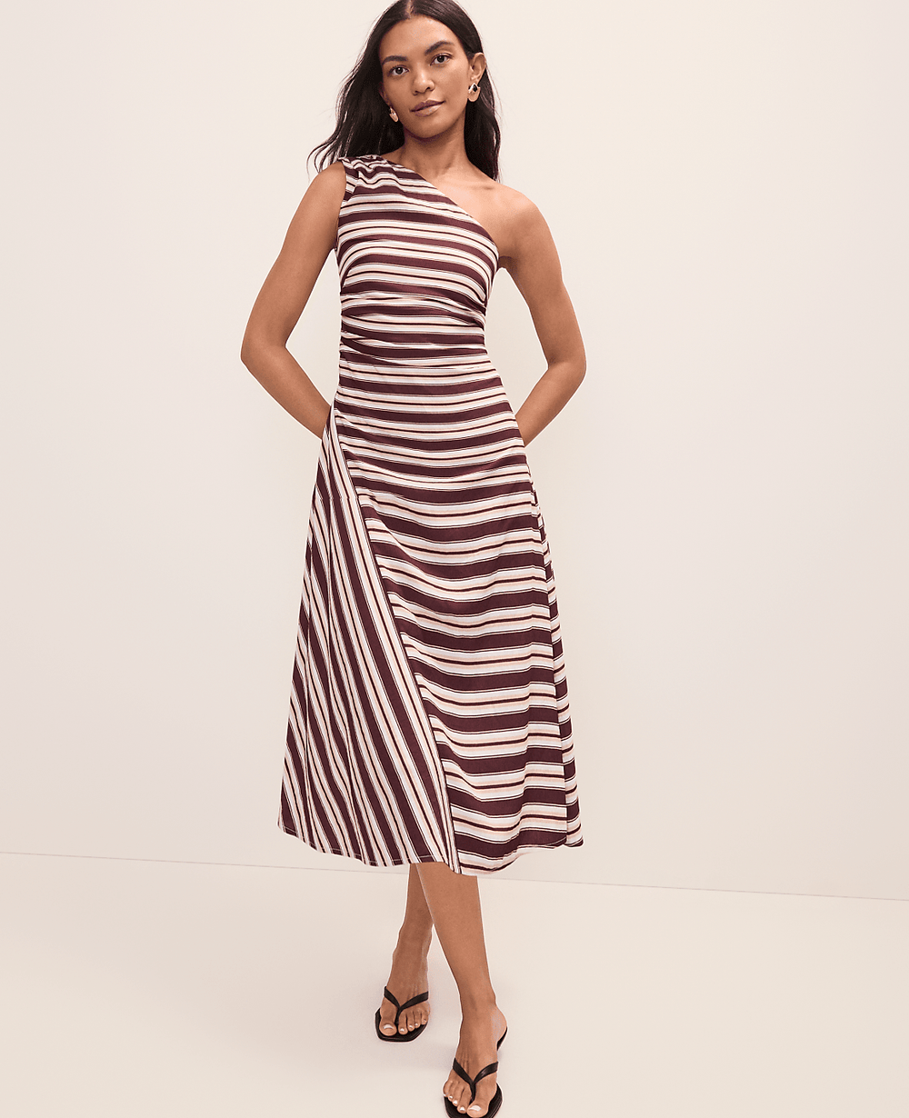 Ann Taylor Rich Walnut Petite Weekend Striped One-Shoulder Midi Dress