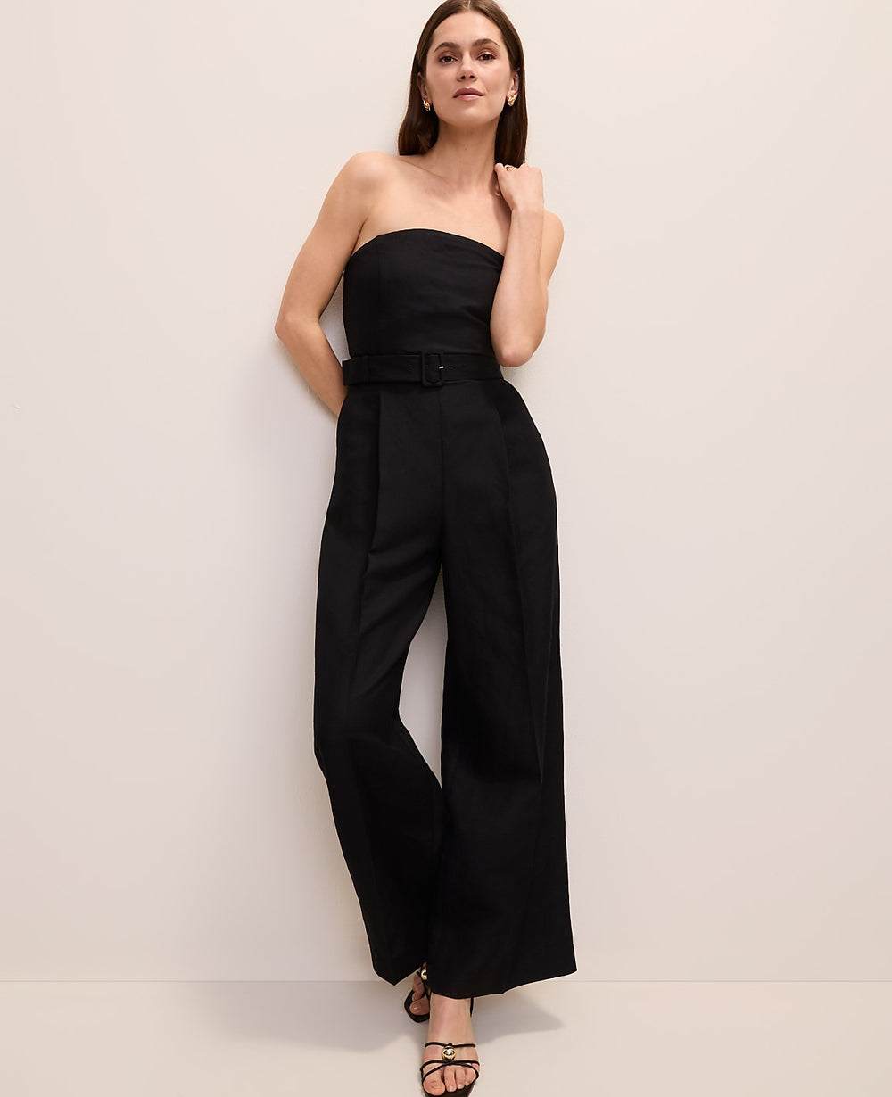 Ann Taylor Black Petite Belted Strapless Jumpsuit in Linen Blend