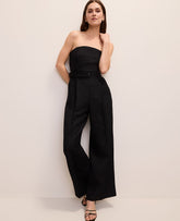 Ann Taylor Black Petite Belted Strapless Jumpsuit in Linen Blend