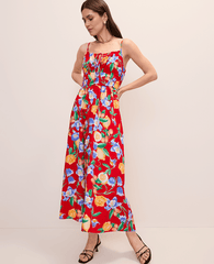 Ann Taylor Bright Cherry Petite Floral Gathered Maxi Dress