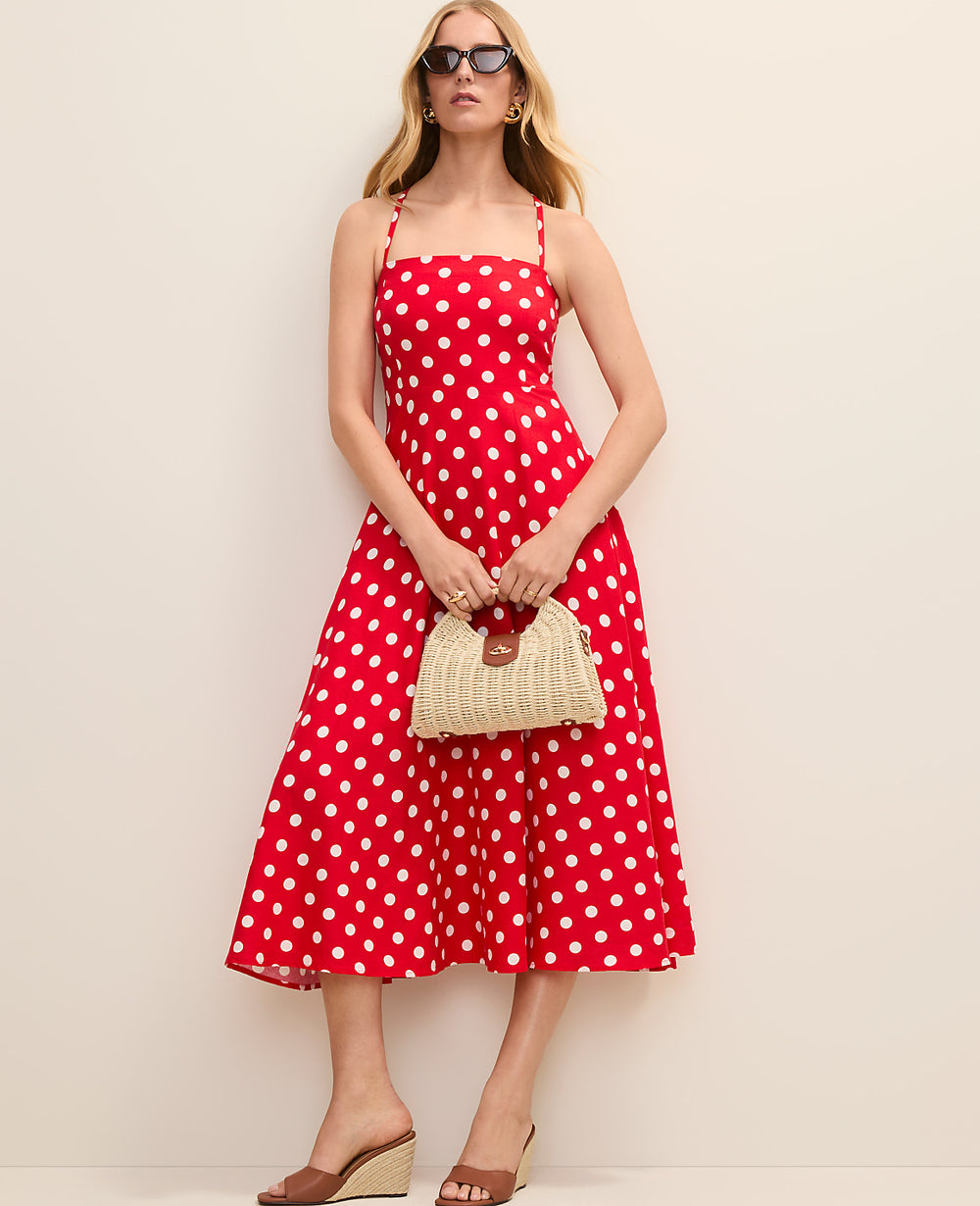Ann Taylor Bright Cherry Petite Polka Dot Midi Dress in Linen Blend