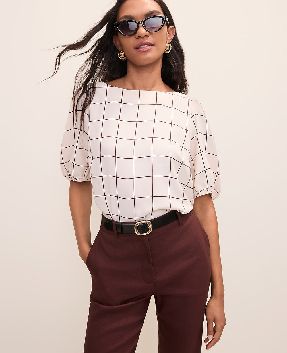 Ann Taylor Rich Walnut Petite Windowpane Boatneck Popover