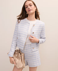 Ann Taylor Neutral/Blue Combo Petite Patch Pocket Jacket in Tweed