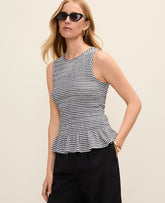 Ann Taylor Dark Navy/White Petite Gingham Smocked Peplum Tank