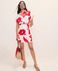 Ann Taylor Bright Cherry Floral Collared Shift Dress in Linen Blend