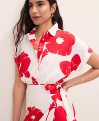 Ann Taylor Bright Cherry Floral Collared Shift Dress in Linen Blend
