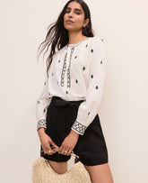 Ann Taylor Winter White Embroidered Split Neck Blouse