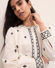 Ann Taylor Winter White Embroidered Split Neck Blouse