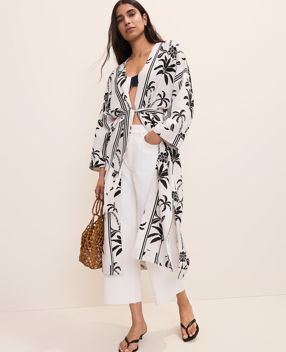 Ann Taylor Winter White Palm Tree Belted Kimono