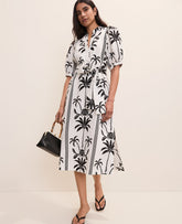 Ann Taylor Black Palm Tree Print Midi Dress in Linen