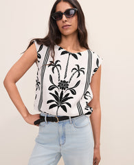 Ann Taylor Black Floral Crew Neck Top in Linen