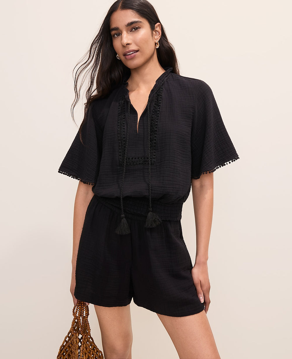 Ann Taylor Black Smocked Bobble Trim Blouse