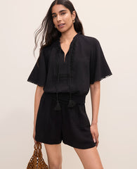 Ann Taylor Black Smocked Bobble Trim Blouse