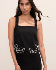 Ann Taylor Black Embroidered Square Neck Tank Top