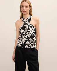 Ann Taylor Black Floral Twist Halter Top in Linen Blend