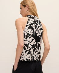 Ann Taylor Black Floral Twist Halter Top in Linen Blend