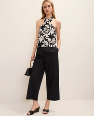 Ann Taylor Black Floral Twist Halter Top in Linen Blend