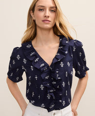 Ann Taylor Winter Blue Weekend Geo Ruffle Trim Blouse