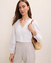 Ann Taylor White Embroidered V-Neck Blouse in Linen Blend