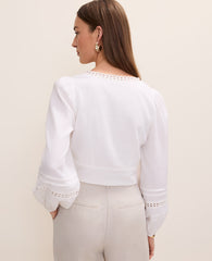 Ann Taylor White Embroidered V-Neck Blouse in Linen Blend