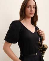 Ann Taylor Black Mixed Media Puff Sleeve Top
