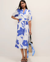 Ann Taylor Dream Blue Floral Puff Sleeve Midi Dress in Linen