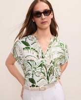 Ann Taylor Fresh Cut Green Palm Print Mixed Media Top