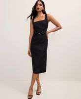 Ann Taylor Black Belted Column Midi Dress in Linen Blend