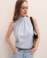 Ann Taylor Coastline Blue Striped Mock Neck Halter Top
