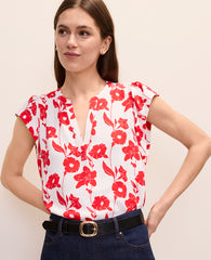 Ann Taylor Bright Cherry Mixed Media Floral Flutter Sleeve Top