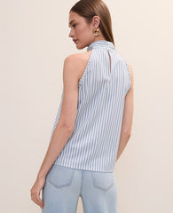Ann Taylor Coastline Blue Striped Mock Neck Halter Top