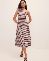 Ann Taylor Rich Walnut Weekend Striped One-Shoulder Midi Dress