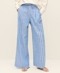 Ann Taylor Medium Blue/ White Stripe Weekend Striped Easy Fit Wide-Leg Pant