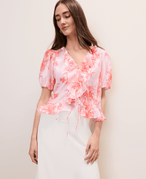 Ann Taylor Aperol Floral Ruffle Trim Blouse
