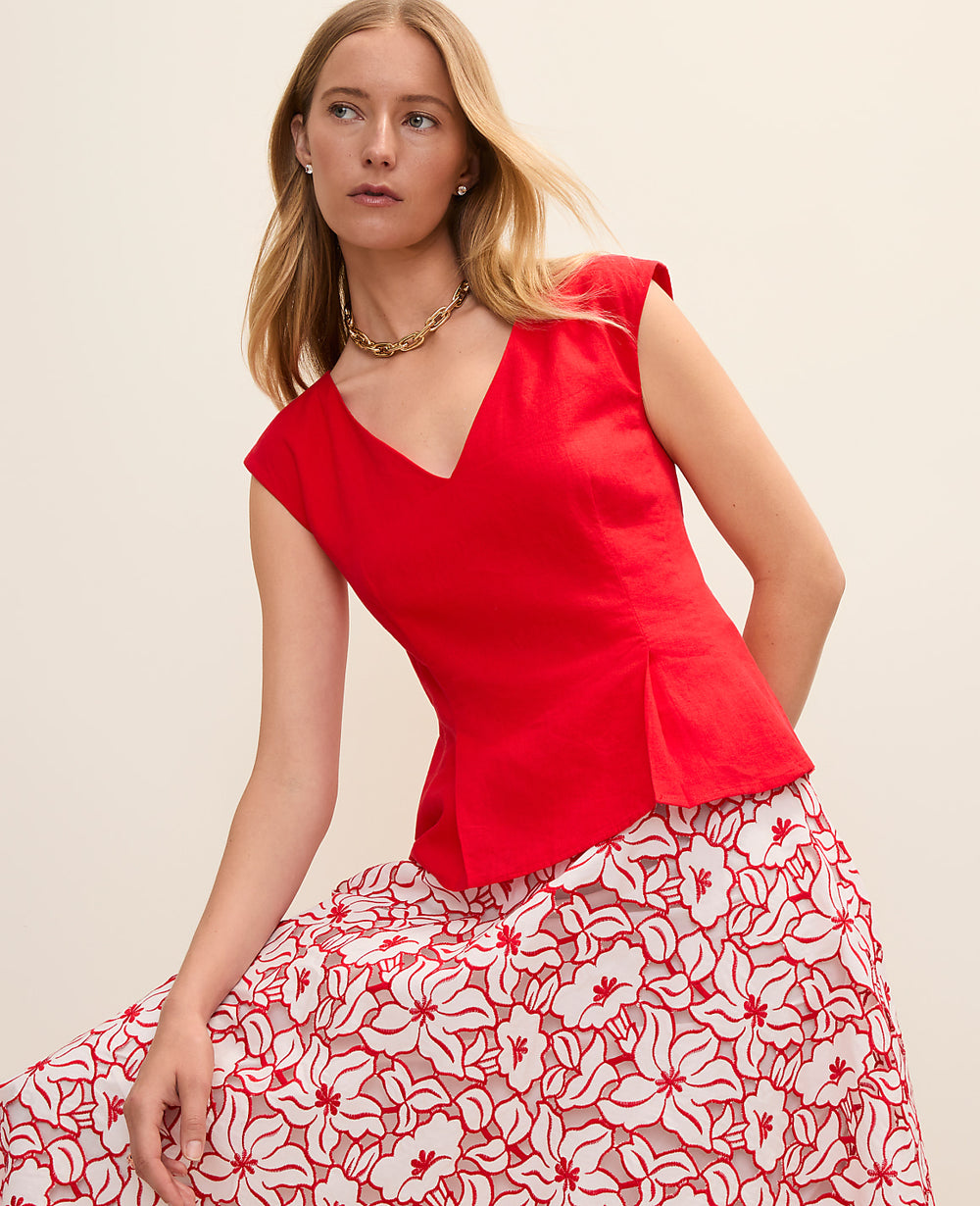 Ann Taylor Bright Cherry Peplum Top in Linen Blend
