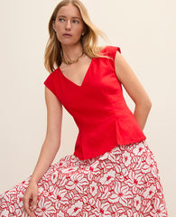 Ann Taylor Bright Cherry Peplum Top in Linen Blend