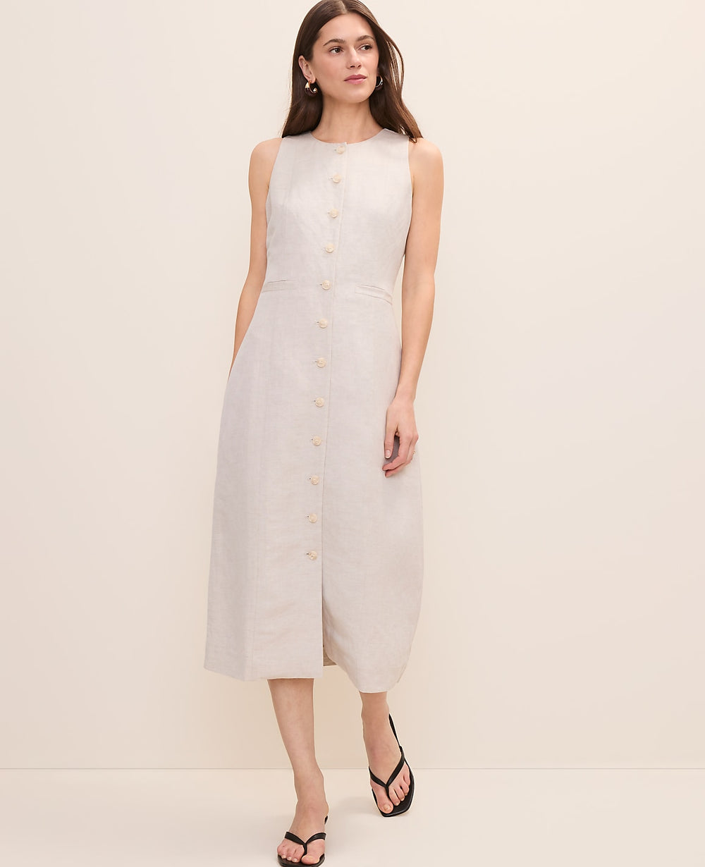 Ann Taylor Natural Flax Button Midi Dress in Linen Blend