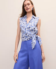 Ann Taylor Pure Ink Paisley Tie Waist Blouse in Linen