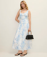 Ann Taylor White-Blue Floral Belted Flare Midi Dress