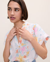 Ann Taylor Multi Floral Linen Blend Split Neck Blouse