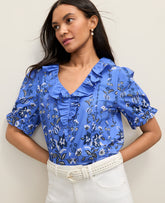 Ann Taylor B Dream Blue Weekend Floral Ruffle Trim Blouse