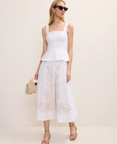 Ann Taylor White Embroidered Peplum Flare Midi Dress