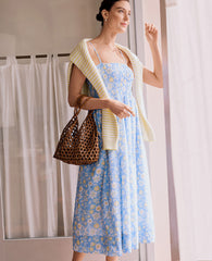 Ann Taylor Vista Blue Weekend Floral Smocked Midi Dress