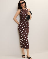 Ann Taylor Rich Walnut Polka Dot Midi Pencil Skirt in Linen Blend