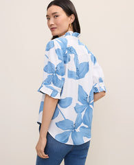 Ann Taylor Blue Floral Ruffle Collar Shirt