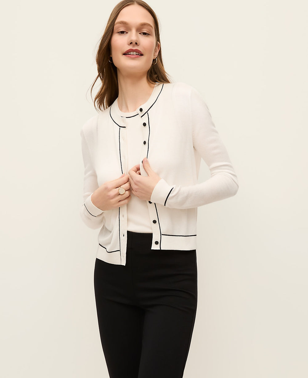 Ann Taylor Winter White Tipped Crew Neck Cardigan