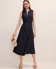 Ann Taylor Night Sky Belted Split Neck Flare Dress
