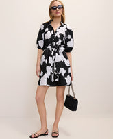 Ann Taylor Black Floral Ruffle Collar Mini Dress