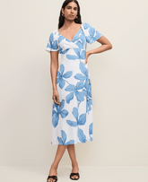Ann Taylor Blue Floral Shirred Flare Midi Dress