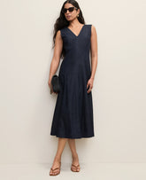 Ann Taylor Dark Indigo V-Neck Chambray Flare Midi Dress